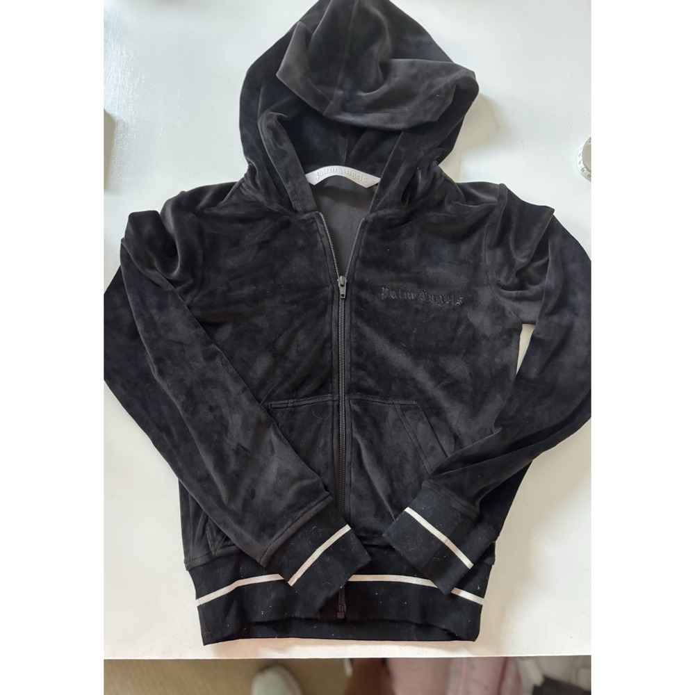 PALM ANGELS Chenille Mini Zipped Hoodie Size XS Black And Cream